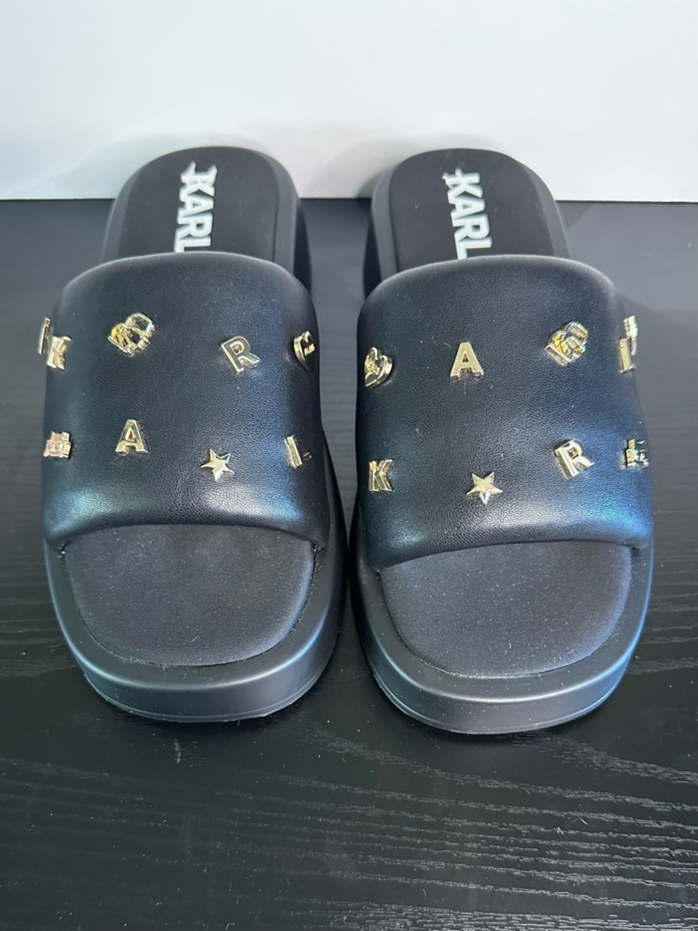 Karl Lagerfeld PARIS Platform Black Slide Sandals with Gold Stud Icon Accents